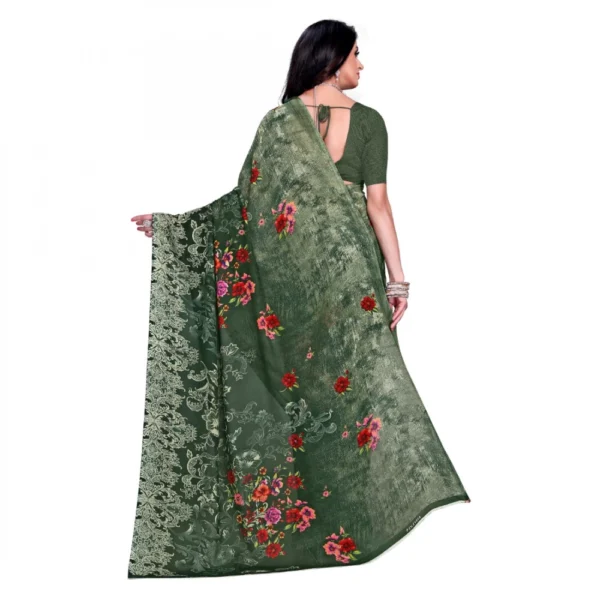 Women's Faux Georgette Printed Saree With Unstitched Blouse 5.5Mtr (Green) - Image 2