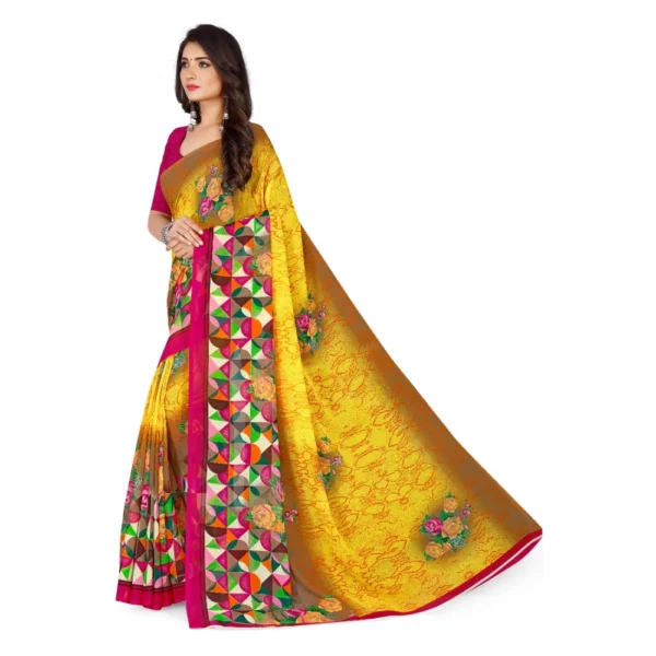Women's Faux Georgette Printed Saree With Unstitched Blouse 5.5Mtr (Yellow) - Image 3