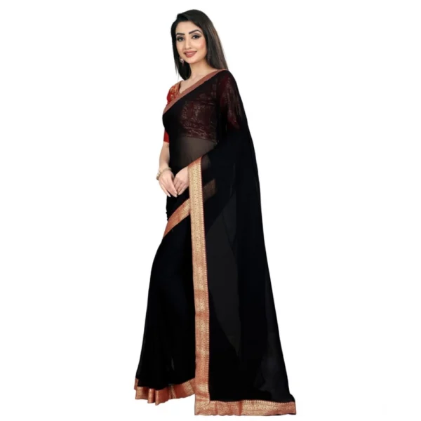 Women's Chiifon Saree Printed Saree With Unstitched Blouse 5.5Mtr (Black) - Image 3
