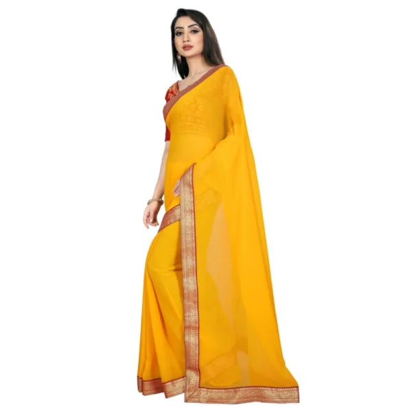Women's Chiifon Saree Printed Saree With Unstitched Blouse 5.5Mtr (Yellow) - Image 3
