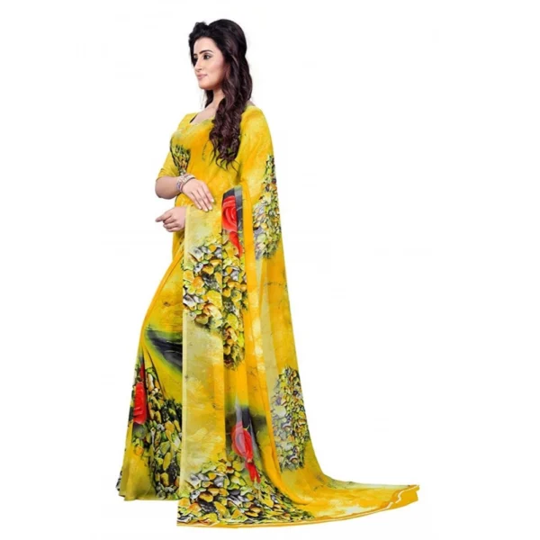 Women's Faux Georgette Printed Saree With Unstitched Blouse 5.5Mtr (Yellow) - Image 3