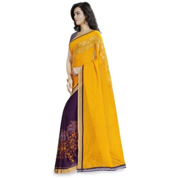 Women's Faux Georgette Printed Saree With Unstitched Blouse 5.5Mtr (Yellow) - Image 3