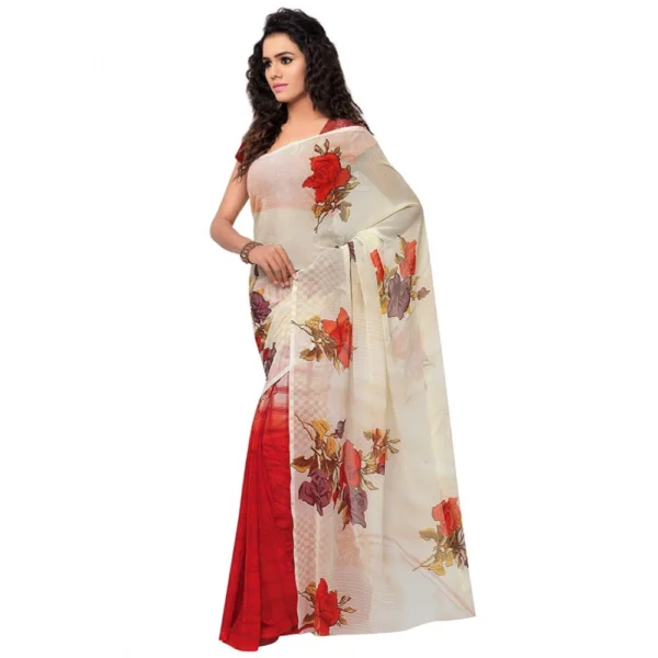 Women's Faux Georgette Printed Saree With Unstitched Blouse 5.5Mtr (Red) - Image 3