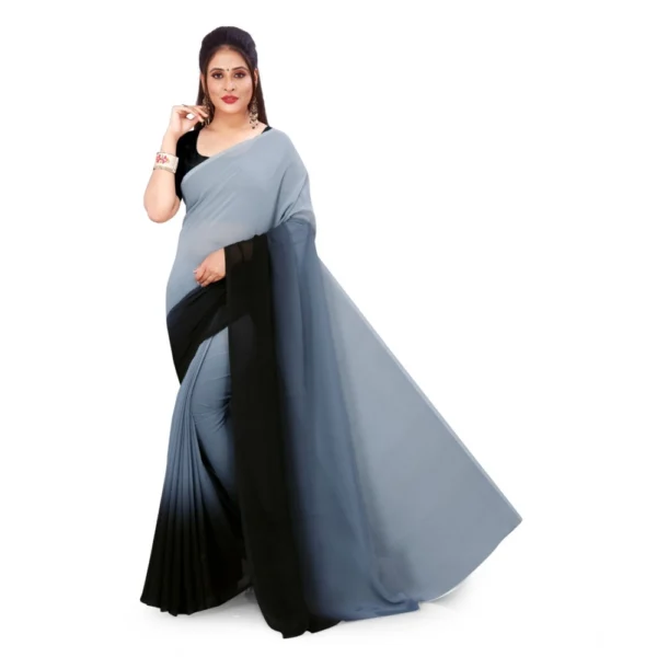 Women's Georgette Solid Saree With Unstitched Blouse 5.5Mtr (Grey) - Image 3