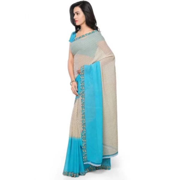 Women's Faux Georgette Printed Saree With Unstitched Blouse 5.5Mtr (Blue) - Image 3