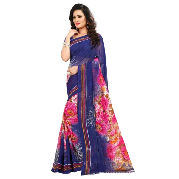 Women's Georgette Printed Saree With Unstitched Blouse 5.5Mtr (Blue) - Image 3