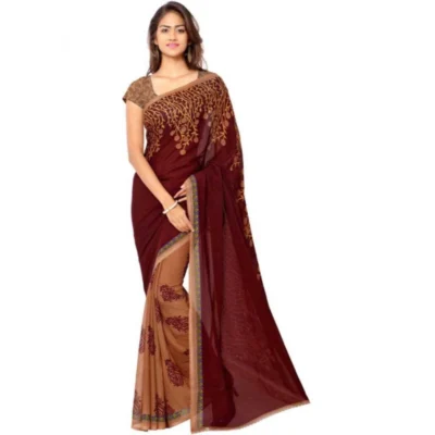 Women's Faux Georgette Printed Saree With Unstitched Blouse 5.5Mtr (Red)
