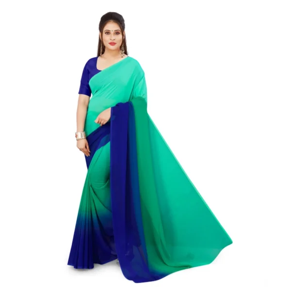 Women's Georgette Solid Saree With Unstitched Blouse 5.5Mtr (Turquoise Green) - Image 3