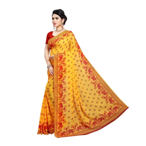 Women's Georgette Printed Saree With Unstitched Blouse 5.5Mtr (Red) - Image 3