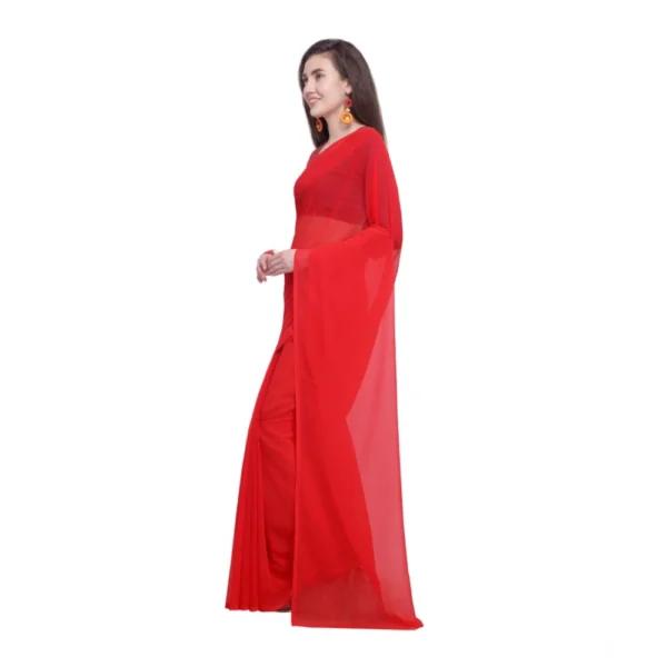 Women's Dyed Solid Saree With Unstitched Blouse 5.5Mtr (Red) - Image 2