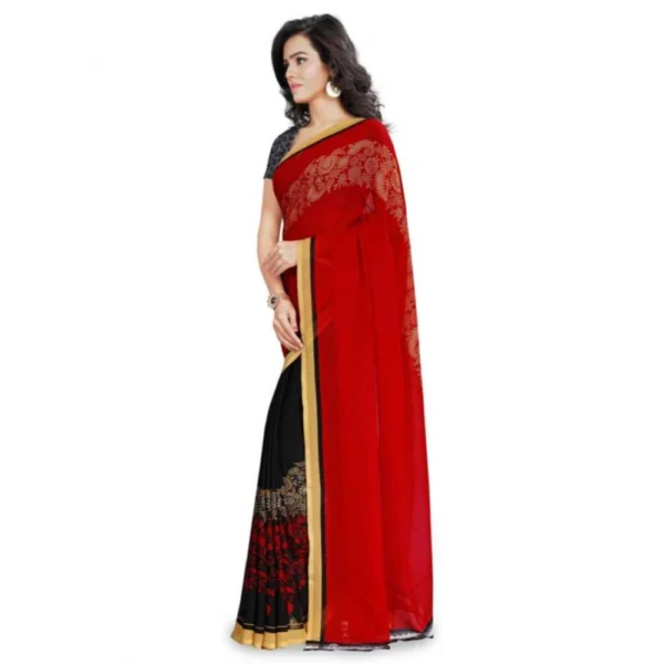Women's Faux Georgette Printed Saree With Unstitched Blouse 5.5Mtr (Red) - Image 3