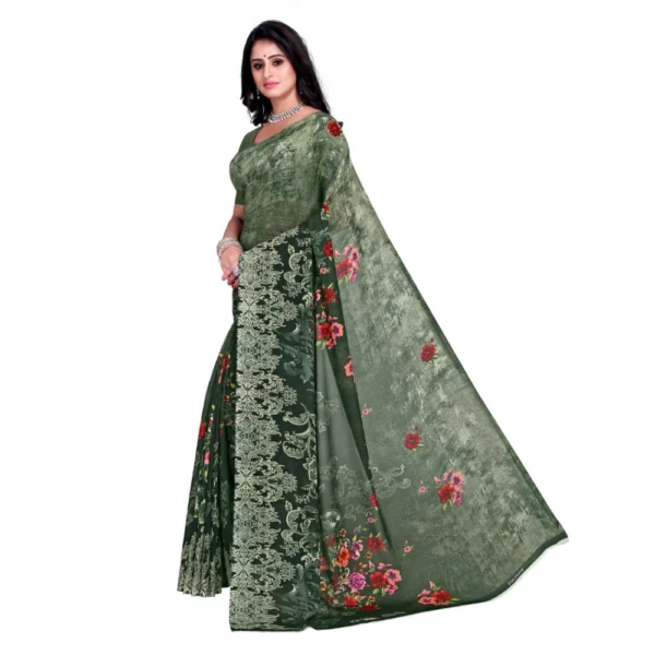 Women's Faux Georgette Printed Saree With Unstitched Blouse 5.5Mtr (Green) - Image 3