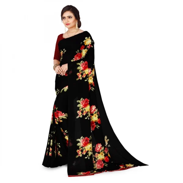 Women's Faux Georgette Printed Saree With Unstitched Blouse 5.5Mtr (Black) - Image 3