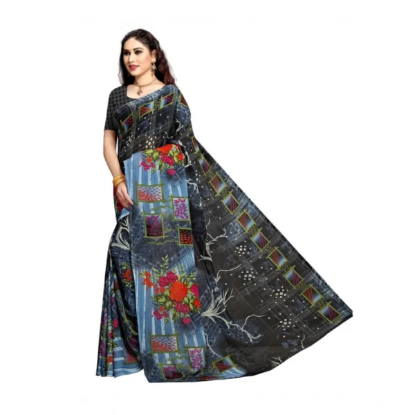 Women's Georgette Printed Saree With Unstitched Blouse 5.5Mtr (Blue) - Image 2