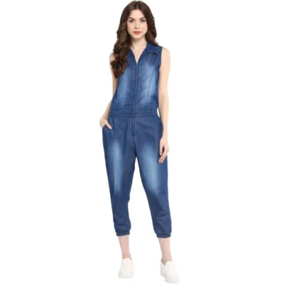 Women's Denim Solid Sleeveless Jumpsuit (Blue)