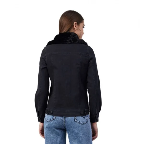 Women's Denim & Faux Fur Washed Long Sleeve Jacket (Black) - Image 2