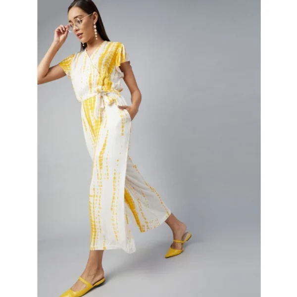 Women's Rayon Striped Short Sleeve Jumpsuit (Yellow - White) - Image 3