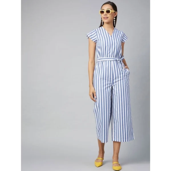 Women's Cotton-Polyester Blend Striped Short Sleeve Jumpsuit (Blue) - Image 3