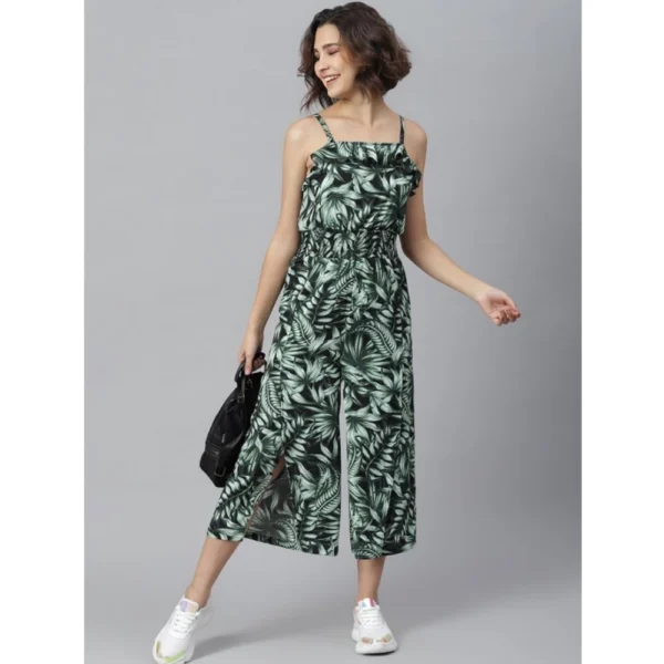Women's Polyester Printed Shoulder Straps Jumpsuit (Black - Green) - Image 3