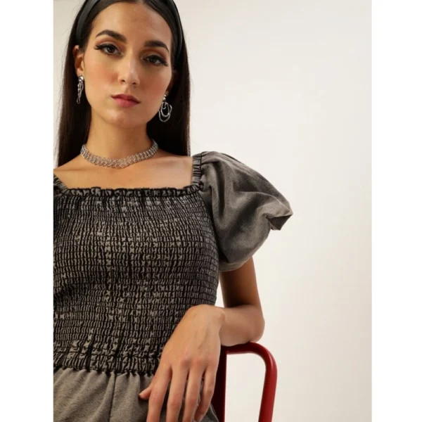 Women's Denim Solid Balloon Sleeve Jumpsuit (Black) - Image 3