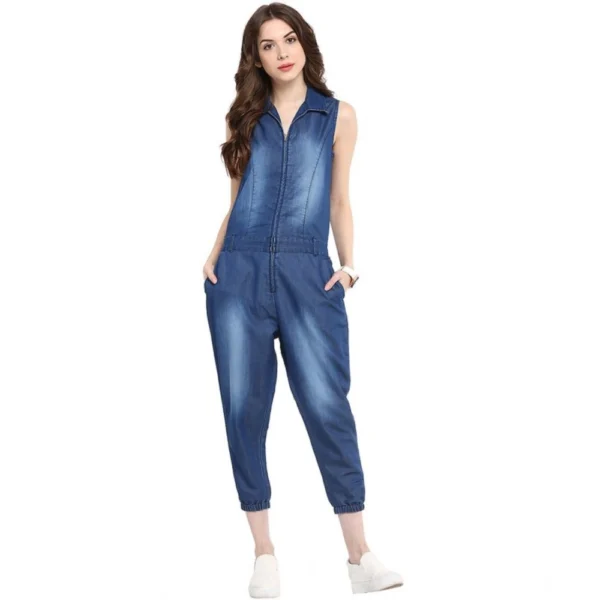 Women's Denim Solid Sleeveless Jumpsuit (Blue) - Image 3