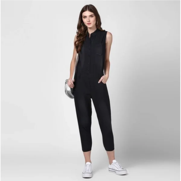 Women's Denim Solid Sleeveless Jumpsuit (Black) - Image 3