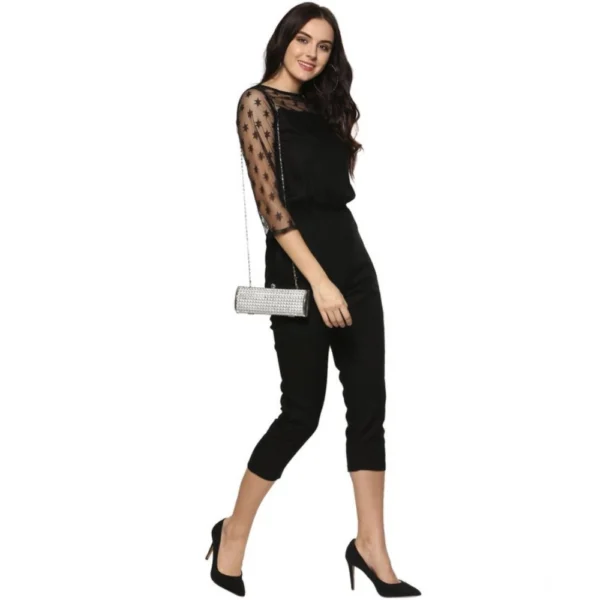 Women's Polyester Self Design 3/4th Sleeve Jumpsuit (Black) - Image 3