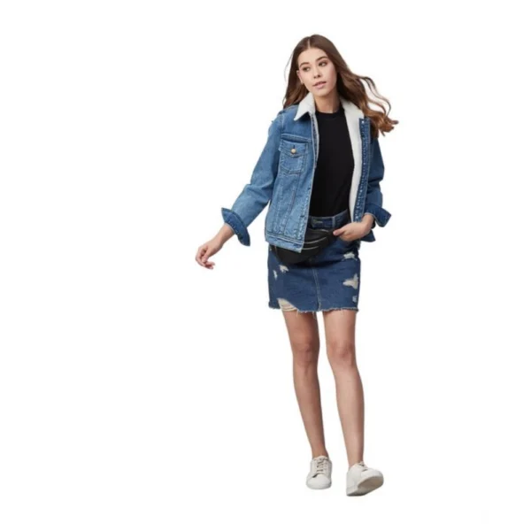 Women's Denim Washed Long Sleeve Jacket (Blue) - Image 3