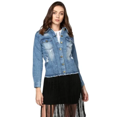 Women's Denim Distressed Long Sleeve Jacket (Blue)
