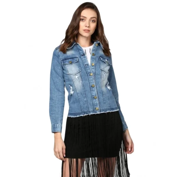 Women's Denim Distressed Long Sleeve Jacket (Blue)