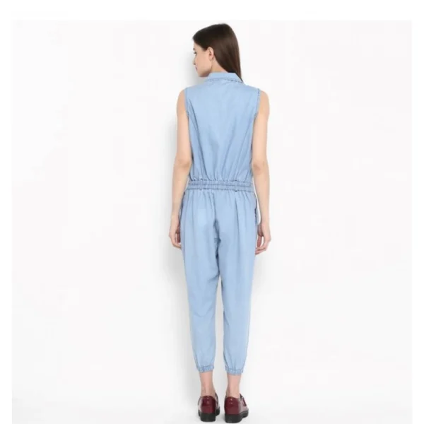 Women's Denim Solid Sleeveless Jumpsuit (Blue) - Image 4