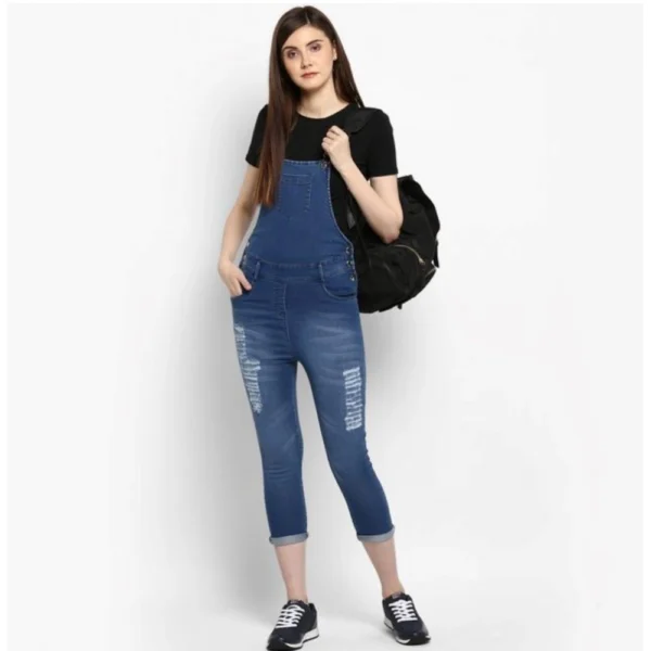 Women's Denim Solid Dungaree Pant (Blue) - Image 3