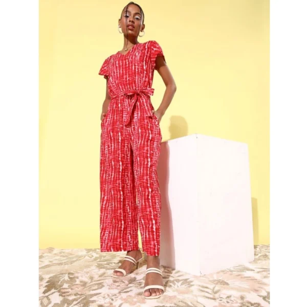 Women's Rayon Tie & Dye Short Sleeve Jumpsuit (Red) - Image 4