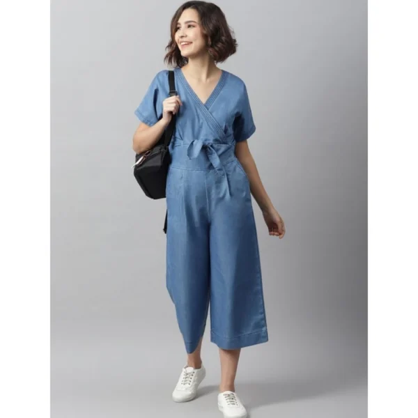 Women's Denim Solid Half Sleeve Jumpsuit (Blue) - Image 3