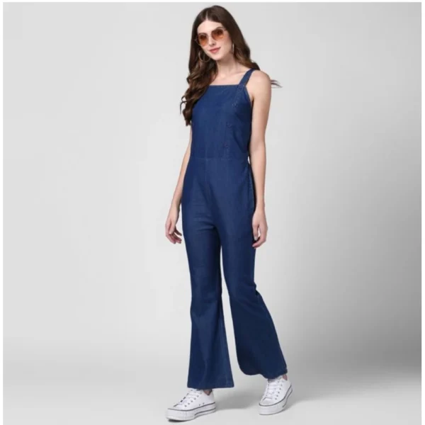 Women's Denim Solid Shoulder Straps Jumpsuit (Blue) - Image 3