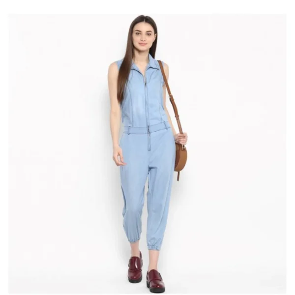 Women's Denim Solid Sleeveless Jumpsuit (Blue) - Image 3