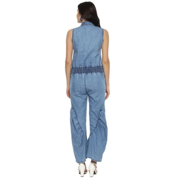 Women's Denim Solid Sleeveless Jumpsuit (Blue) - Image 4