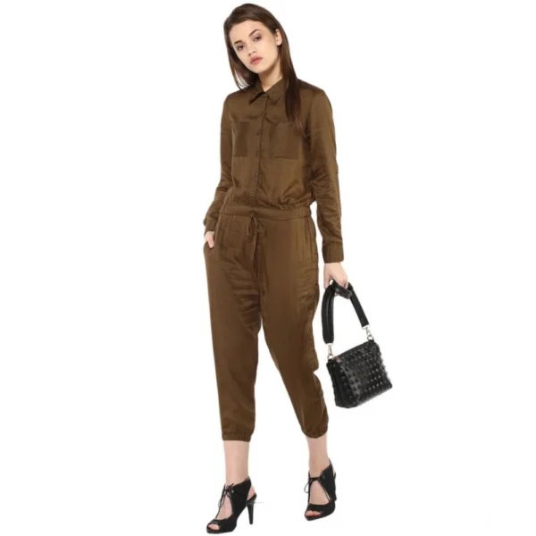 Women's Rayon Solid Long Sleeve Jumpsuit (Olive) - Image 3