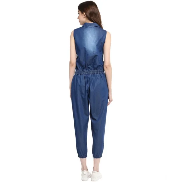Women's Denim Solid Sleeveless Jumpsuit (Blue) - Image 4