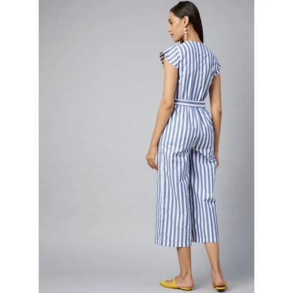 Women's Cotton-Polyester Blend Striped Short Sleeve Jumpsuit (Blue) - Image 4