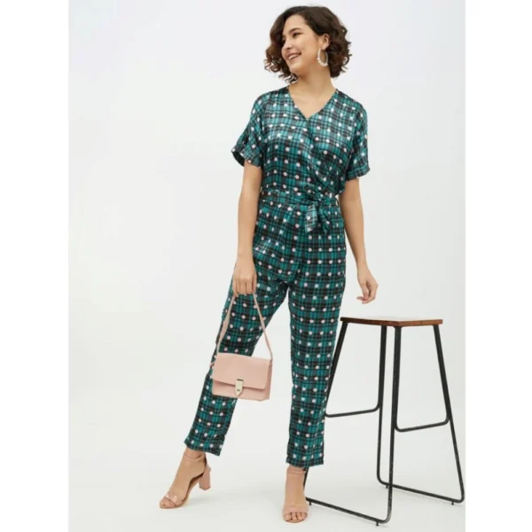 Women's Polyester Polka Short Sleeve Jumpsuit (Green) - Image 3