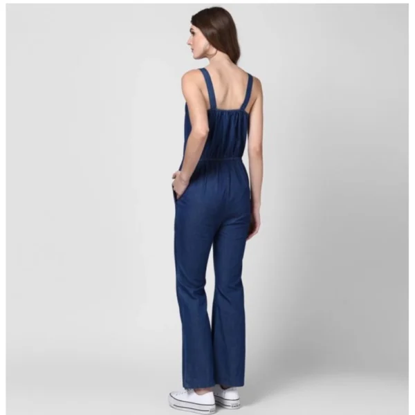 Women's Denim Solid Shoulder Straps Jumpsuit (Blue) - Image 4