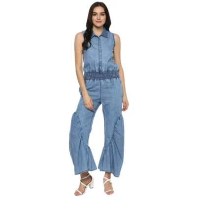 Women's Denim Solid Sleeveless Jumpsuit (Blue)