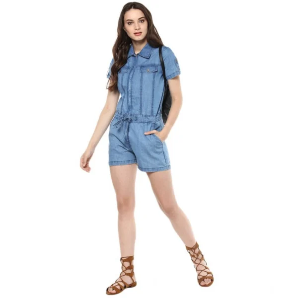 Women's Denim Solid Short Sleeve Jumpsuit (Blue) - Image 3