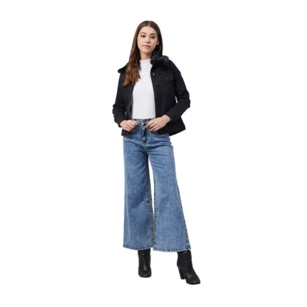 Women's Denim & Faux Fur Washed Long Sleeve Jacket (Black) - Image 3