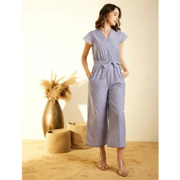 Women's Cotton Chambray Striped Short Sleeve Jumpsuit (Blue) - Image 4