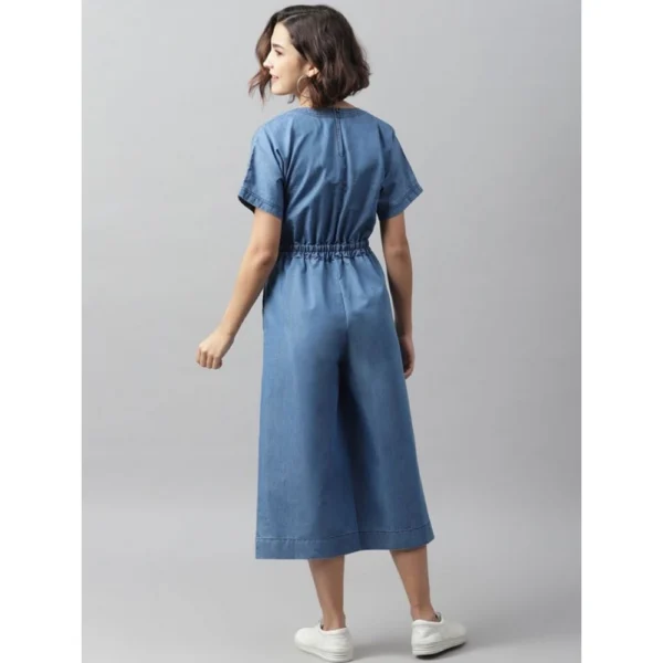 Women's Denim Solid Half Sleeve Jumpsuit (Blue) - Image 4