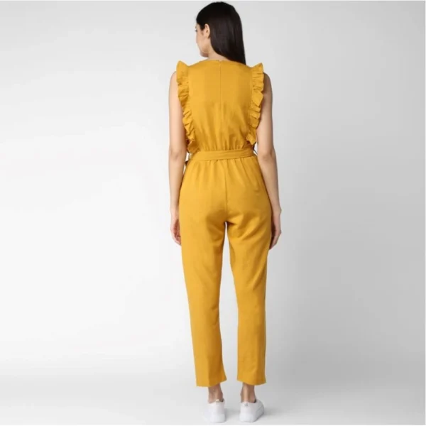 Women's Cotton Linen Solid Sleeveless Jumpsuit (Yellow) - Image 4
