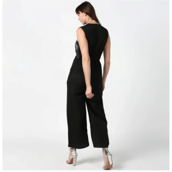 Women's Polyester Embroidered Sleeveless Jumpsuit (Black) - Image 4