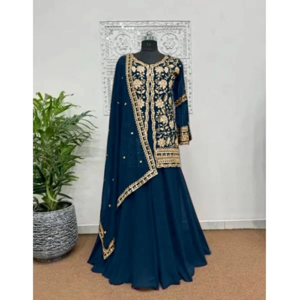 Women's Georgette Embroidery 3-4th Sleeve V-Neck Kurti, Palazzo And Dupatta Set (Morpich) - Image 3